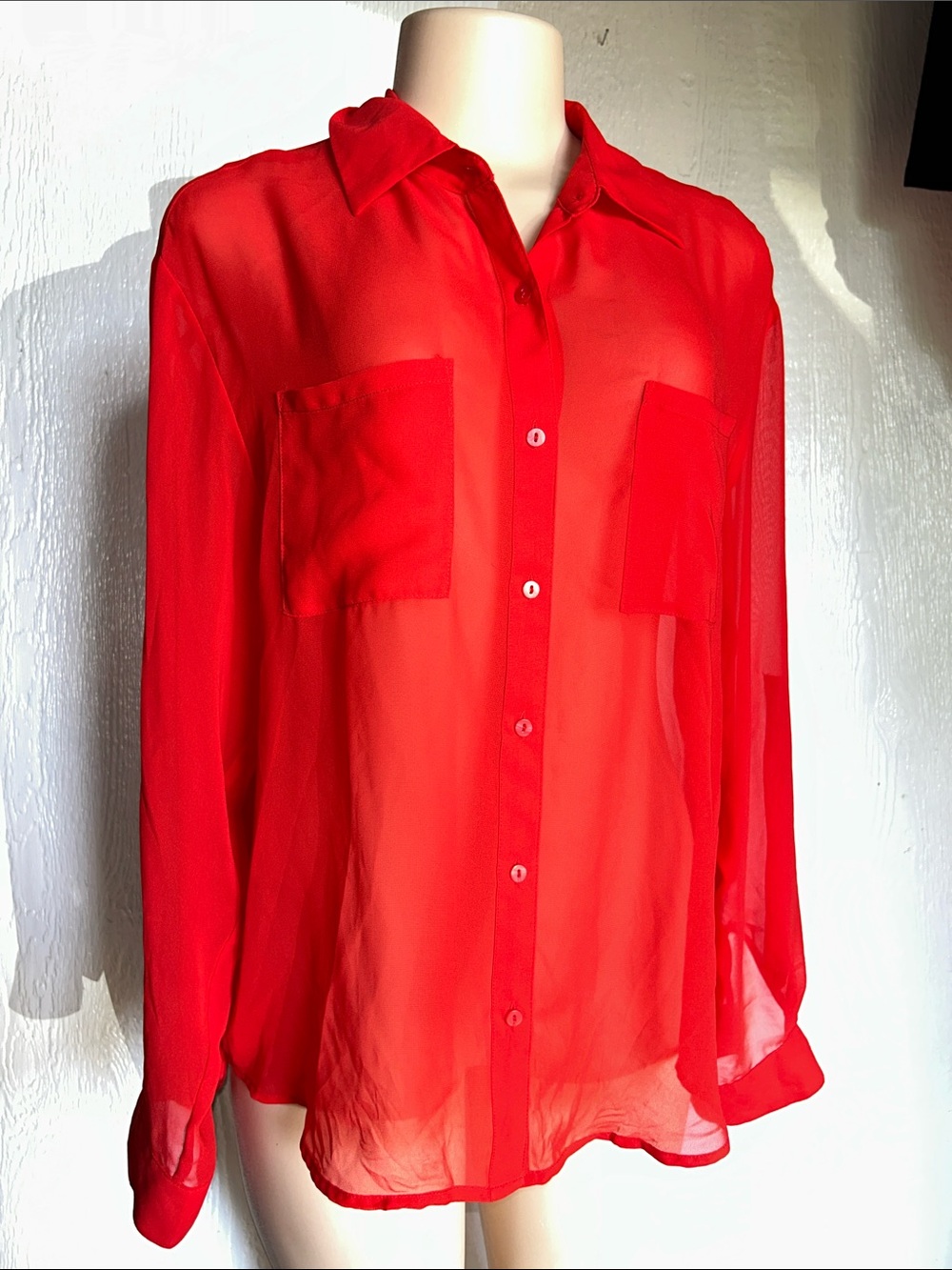 Decree Red Sheer Button-Down Blouse